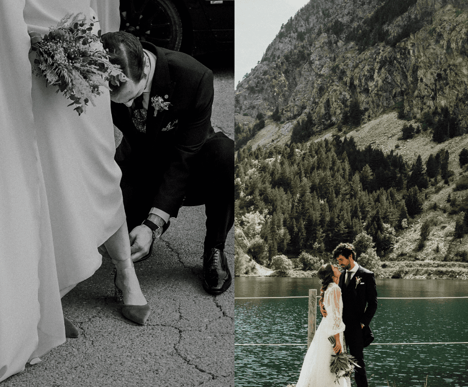 collage de dos fotos de una pareja de novios el dia de su boda